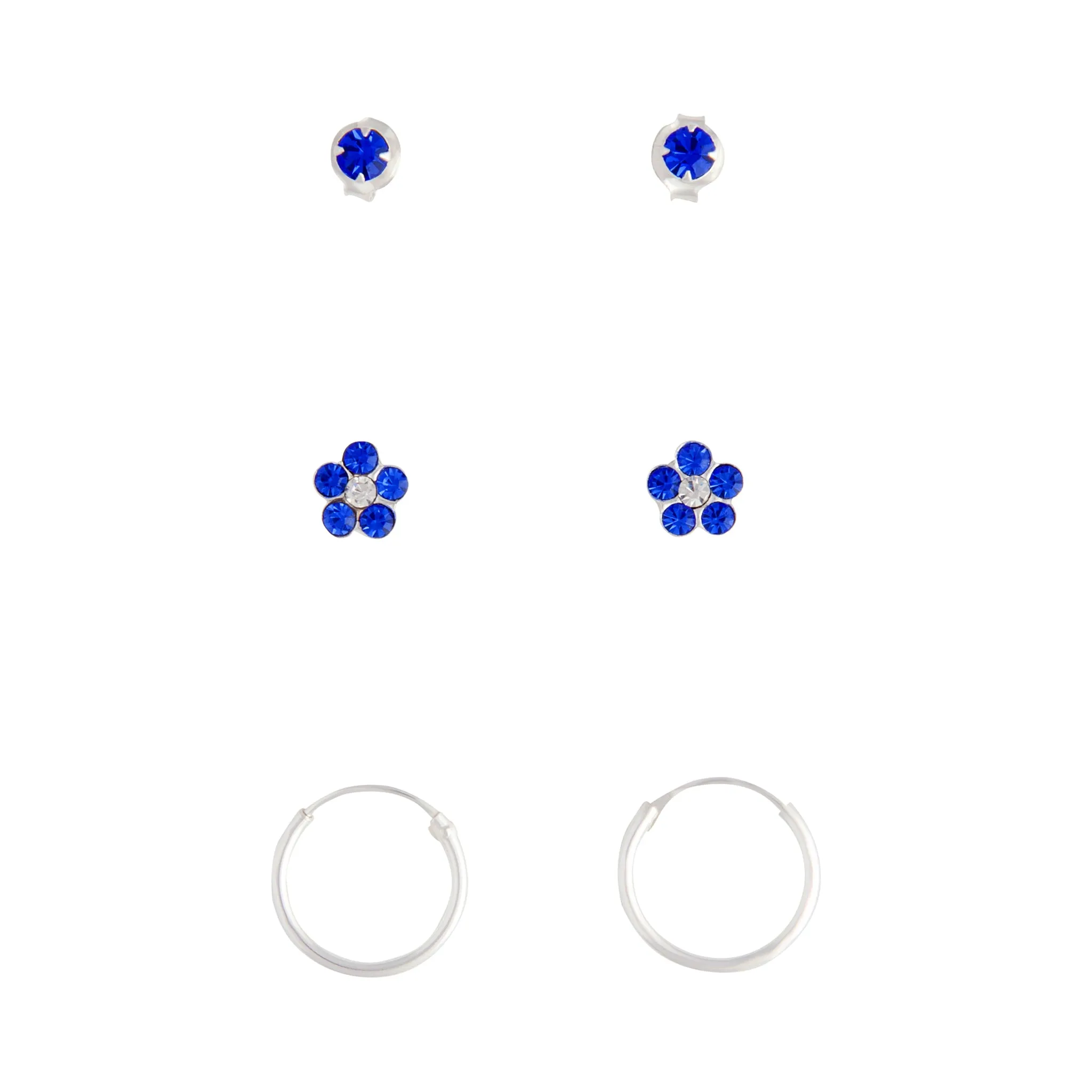 Colorful Ornament Sterling Silver Blue Stud, Flower & Hoop Pack