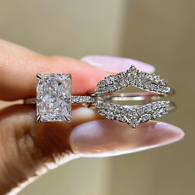 Exclusive piece Luxury Glow Louily Elegant Radiant Cut Insert Wedding Ring Set For Women In Sterling Silver