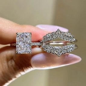 Louily Elegant Radiant Cut Insert Wedding Ring Set For Women In Sterling Silver Shiny Accent Modern Fashion