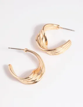 Secure Adornment Glittery Ornament Gold Warped Text Hoop Earrings