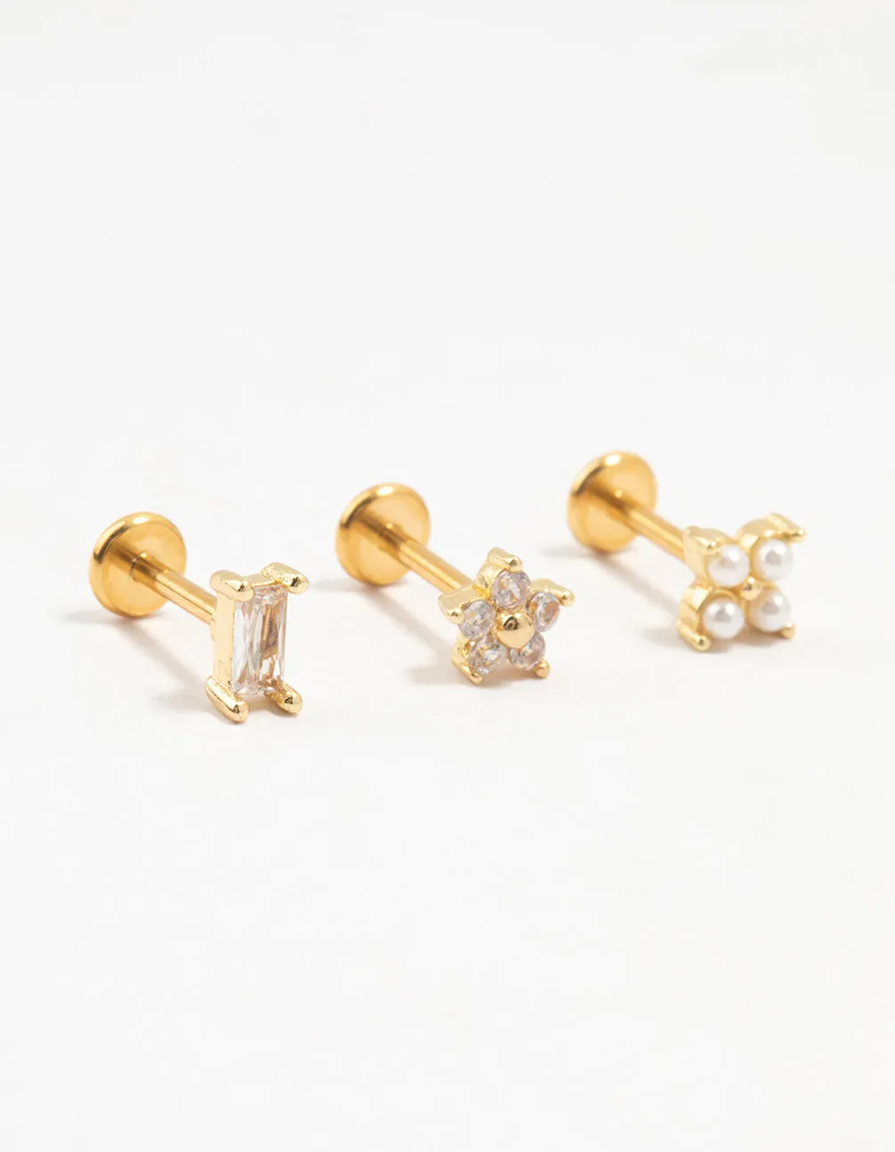 Gold Plated Surgical Steel Flower & Baguette Flat Backs 3-Pack Stylish Appearance Timeless Embellishment