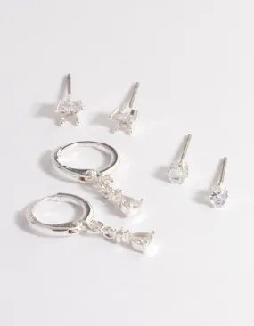 Silver Cubic Zirconia Star & Drop Earrings Pack Beach Trinket classic accessory