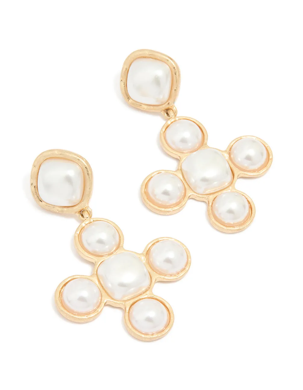 Vintage Trinket Elegant Jewelry Worn Gold Pearl Cross Drop Earrings