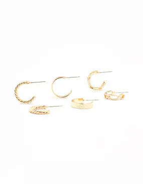Gold Sand Blast & Link Hoop Earrings 3-Pack Adorable Piece Adorable Decoration