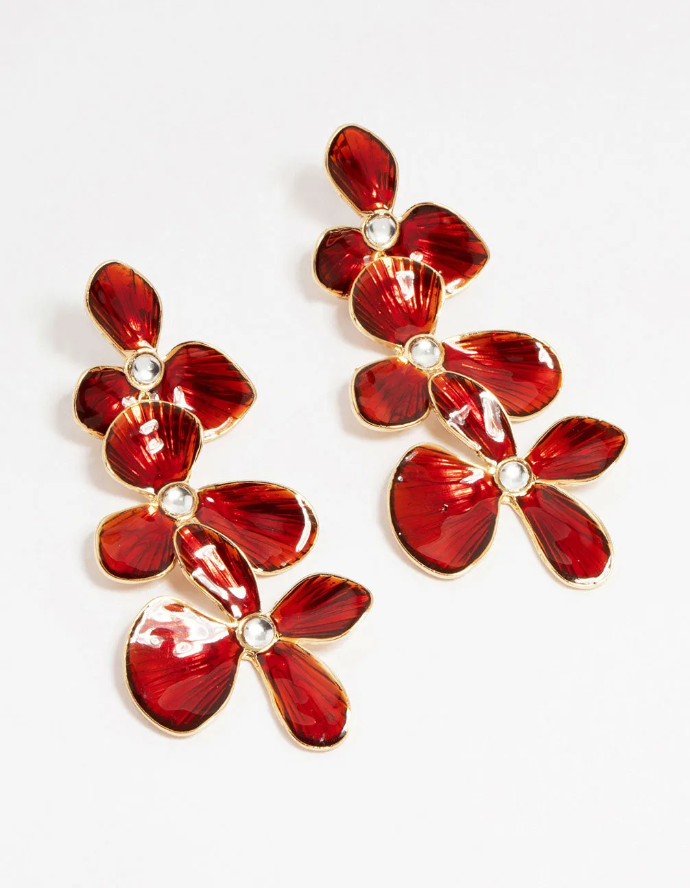 Vintage Appearance Gold Red Enamel Triple Flower Drop Earrings