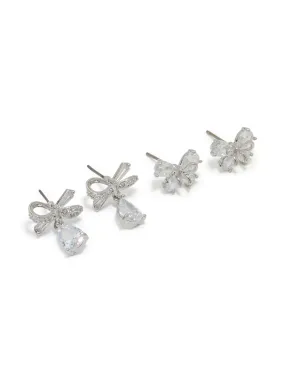 Silver Cubic Zirconia Bow Earrings 2-Pack Simple Option