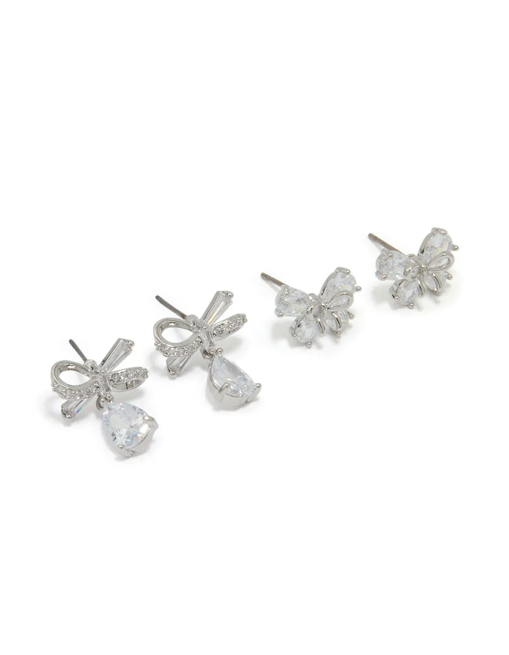 Silver Cubic Zirconia Bow Earrings 2-Pack Simple Option