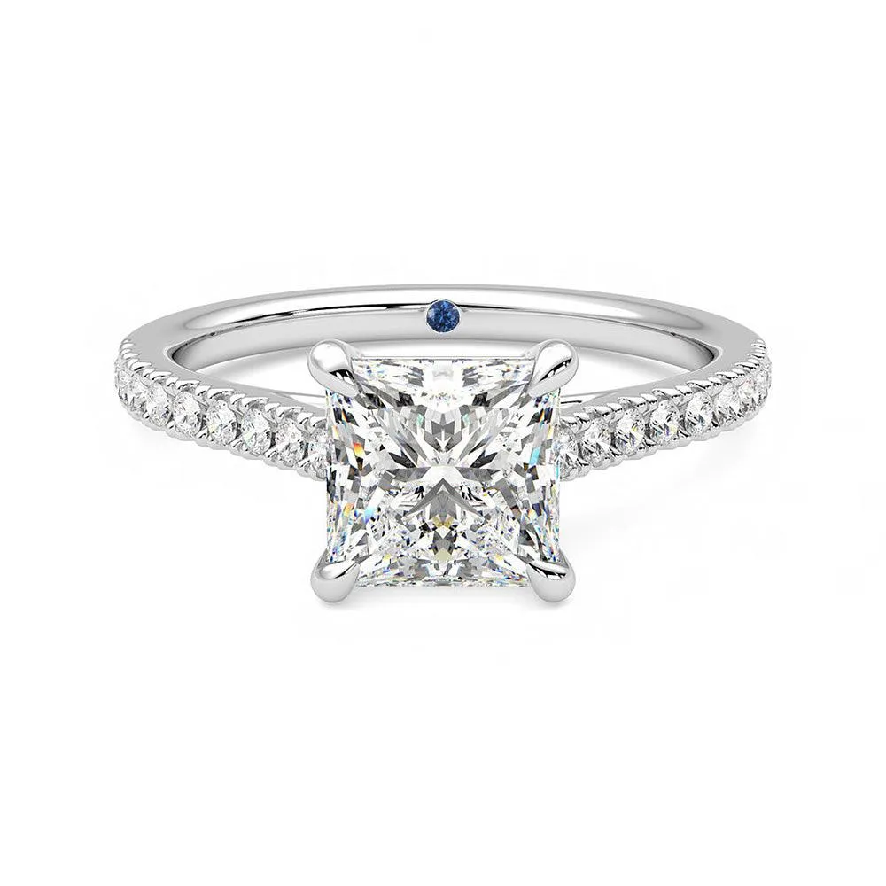 Glitter Accent Princess Cut Moissanite Engagement Ring with Hidden Anniversary Stone and Pav?? Accents