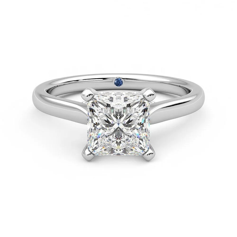 Straight Edge Princess Cut Moissanite Engagement Ring with Hidden Anniversary Stone and Secret Accents