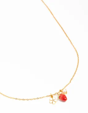 Waterproof Gold Plated Stainless Steel Strawberry & Flower Pendant Necklace Lightweight Jewelry