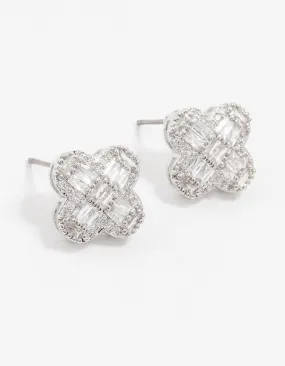Star-Shaped Piece Silver Paved Flower Stud Earrings