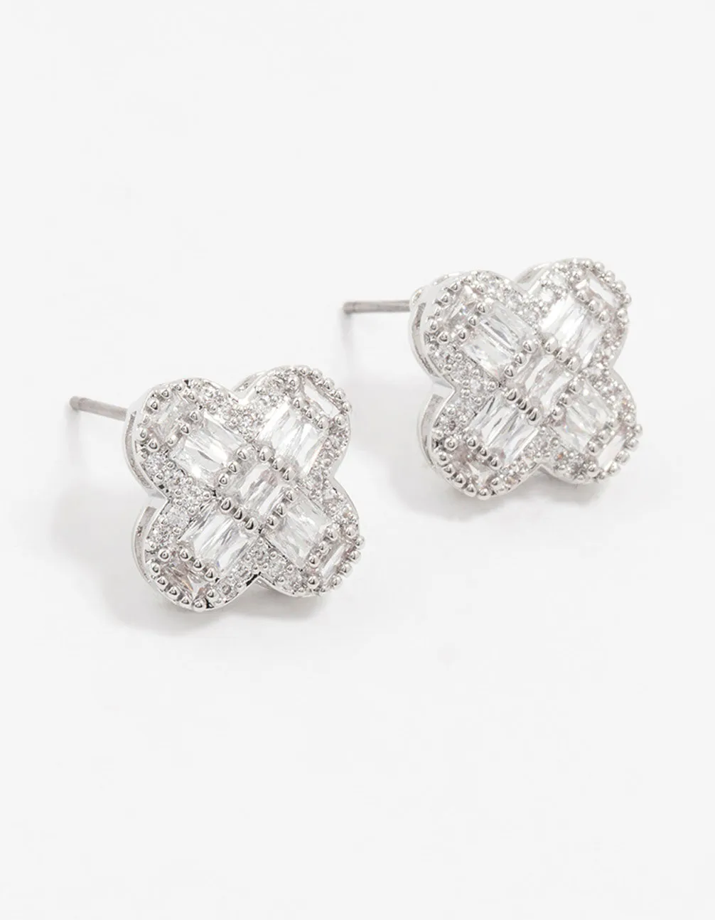 Star-Shaped Piece Silver Paved Flower Stud Earrings