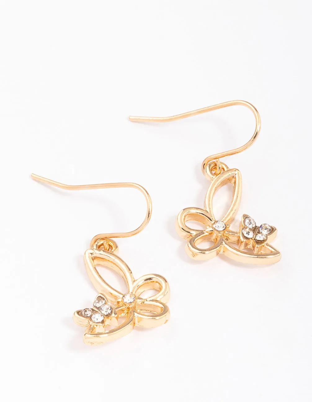 Gold Diamante Cut Butterfly Drop Earrings Classic Detail