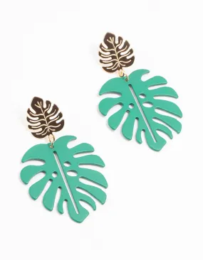 High-Quality Vibe Gold & Green Coated Metal Monstera Leaf Drop Earrings