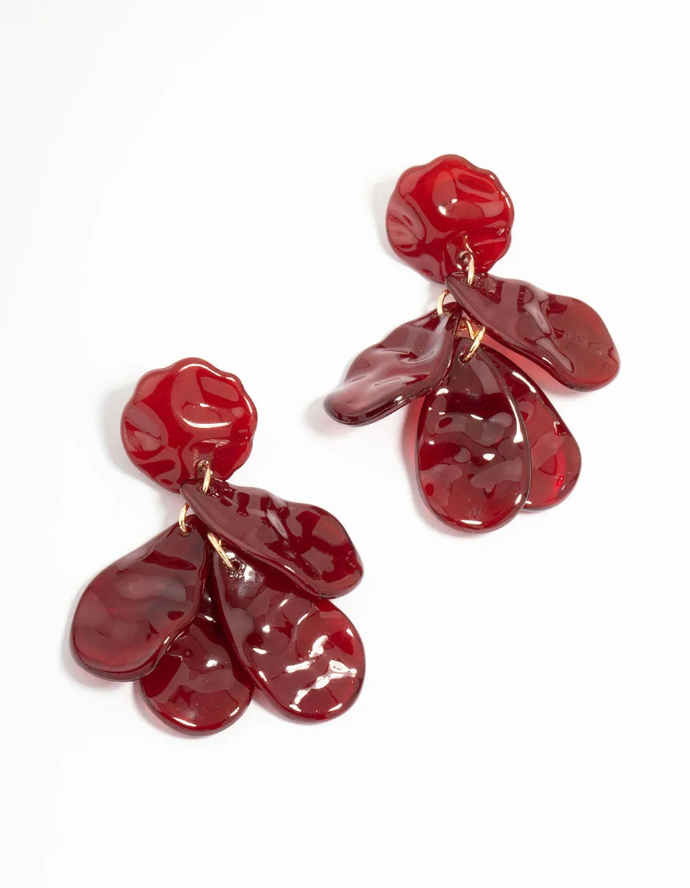 Red Acrylic Hammered Petal Drop Earrings Statement Adornment Contemporary Accent