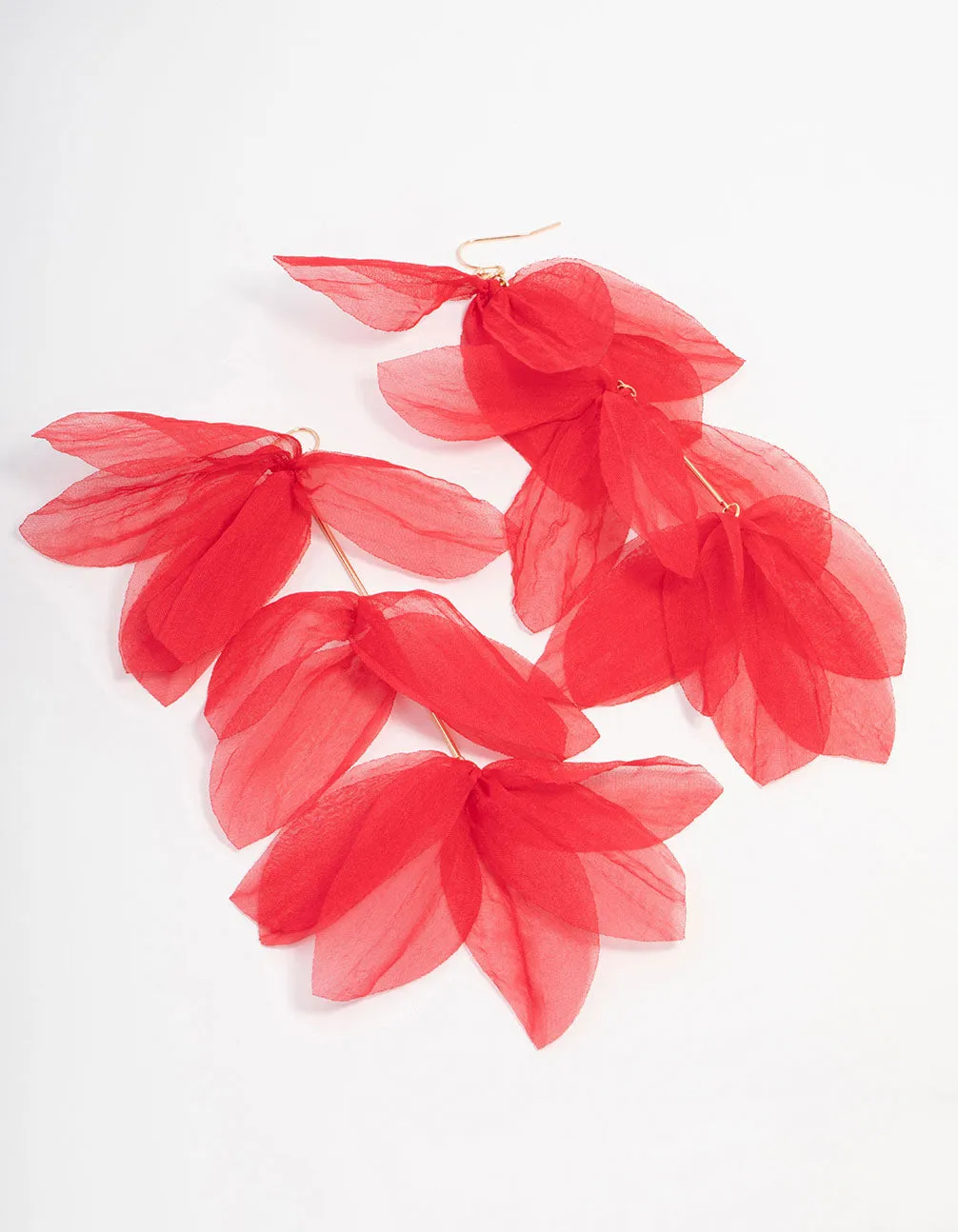 Red Chiffon Fabric Petal Leaf Drop Earrings Party Ornament
