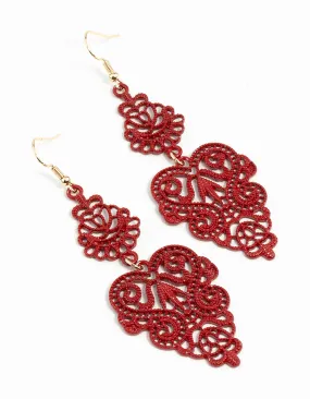 Colorful Adornment Business Ornament Red Filigree Leaf Earrings