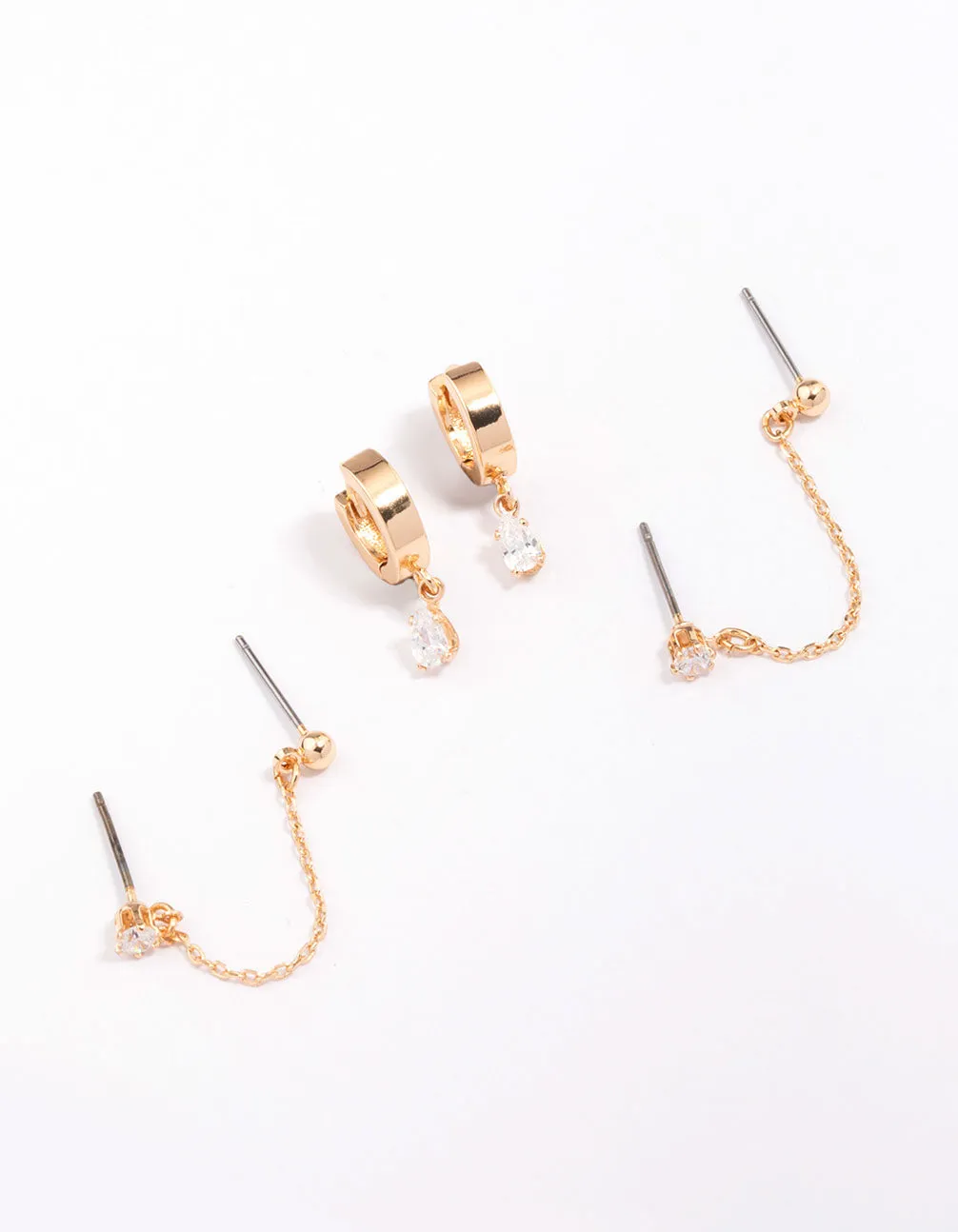 Gold Cubic Zirconia Chain Stud & Hoop Earring 3-Pack Casual Ornament High-Quality Piece