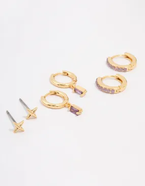Gold Plated Brass Barbie Baguette Hoop Earring 3-Pack party accessory