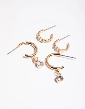 Gold Diamante Detail Hoop Earrings Pack Polygonal Ornament Daytime Decoration