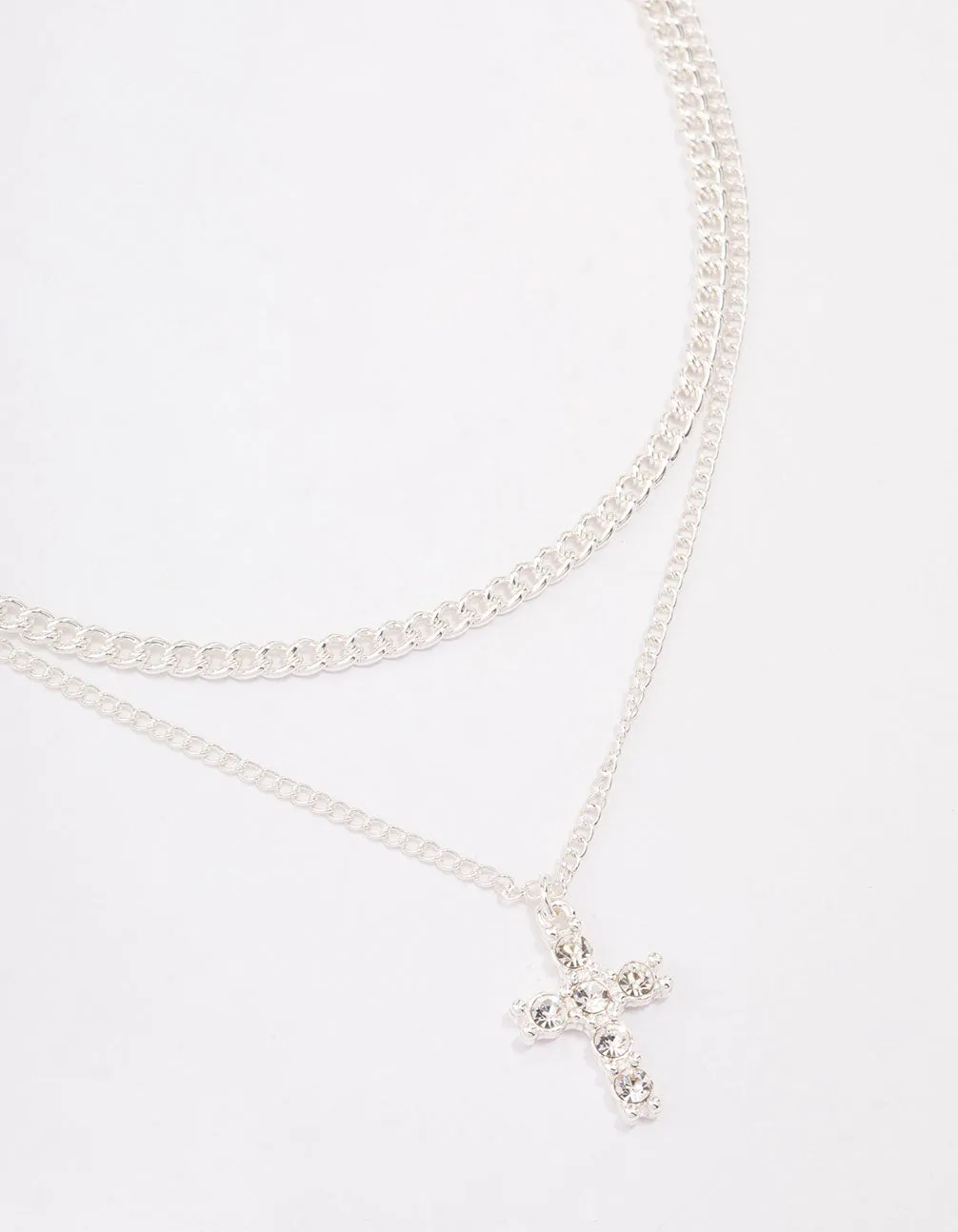 Silver Plated Diamante Cross Layered Curb Necklace Artisan Adornment Gorgeous Ornament