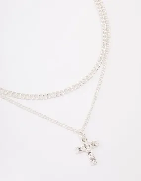 Silver Plated Diamante Cross Layered Curb Necklace Artisan Adornment Gorgeous Ornament