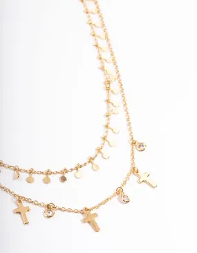 High-Quality Design Gold Plated Disc & Cross Two Layered Necklace