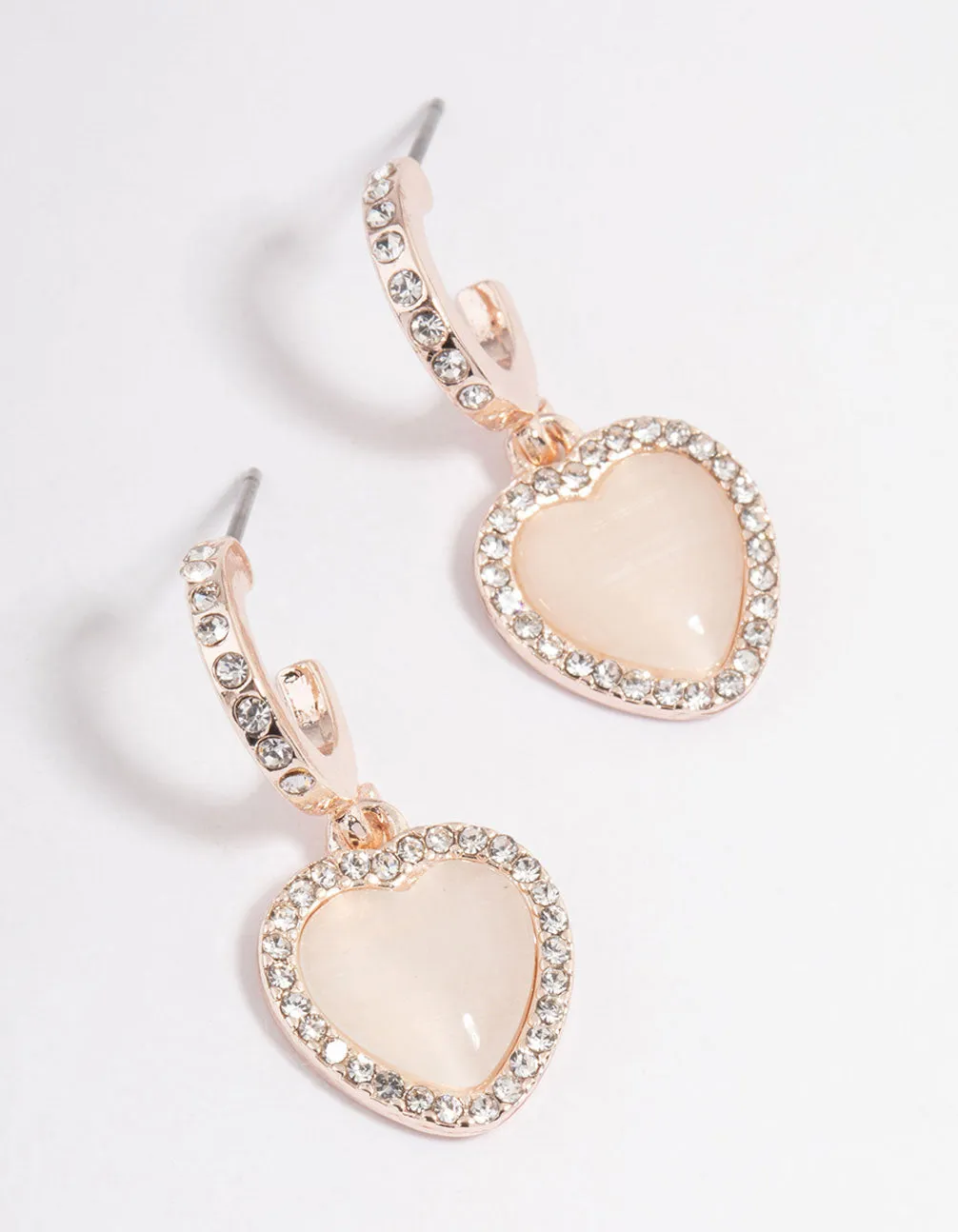 Neutral Jewelry Heart-Shaped Piece Rose Gold Catseye Diamante Heart Huggie Earrings
