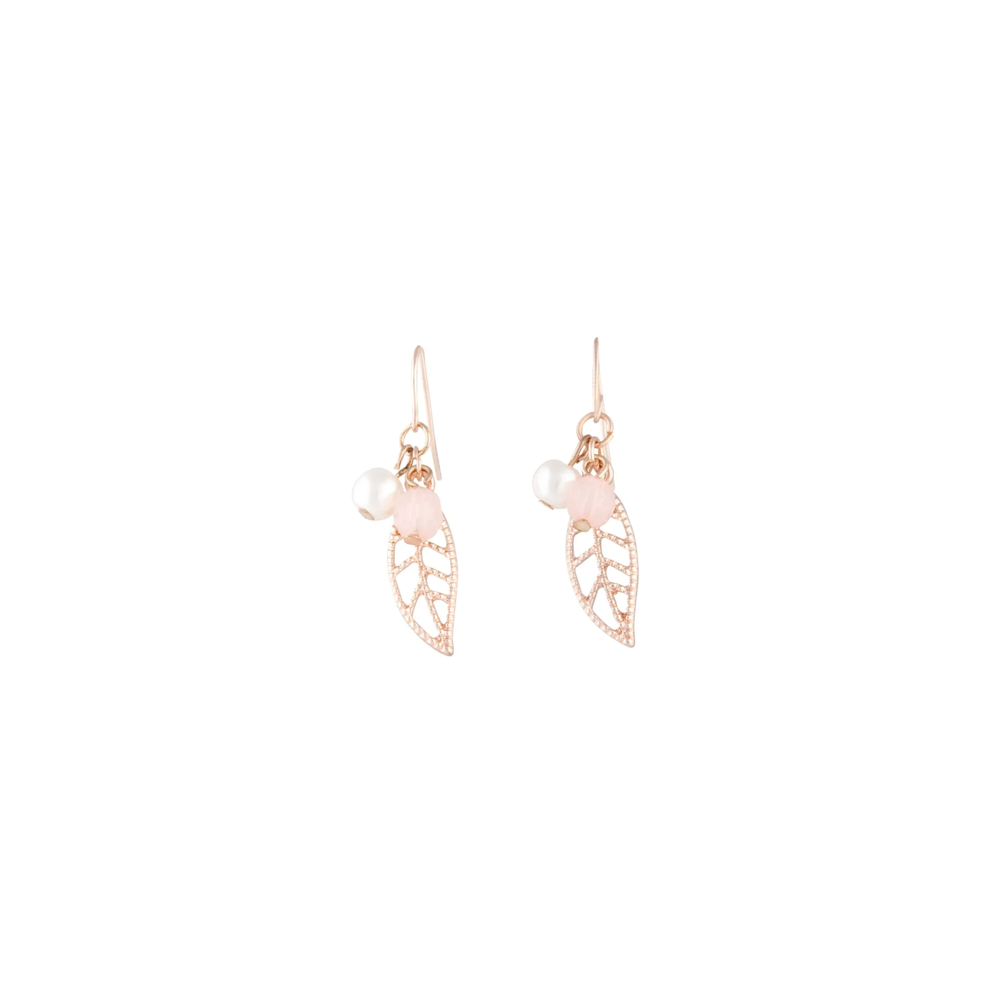 Rose Gold Pink Bead Leaf Drop Earrings Neutral Accent