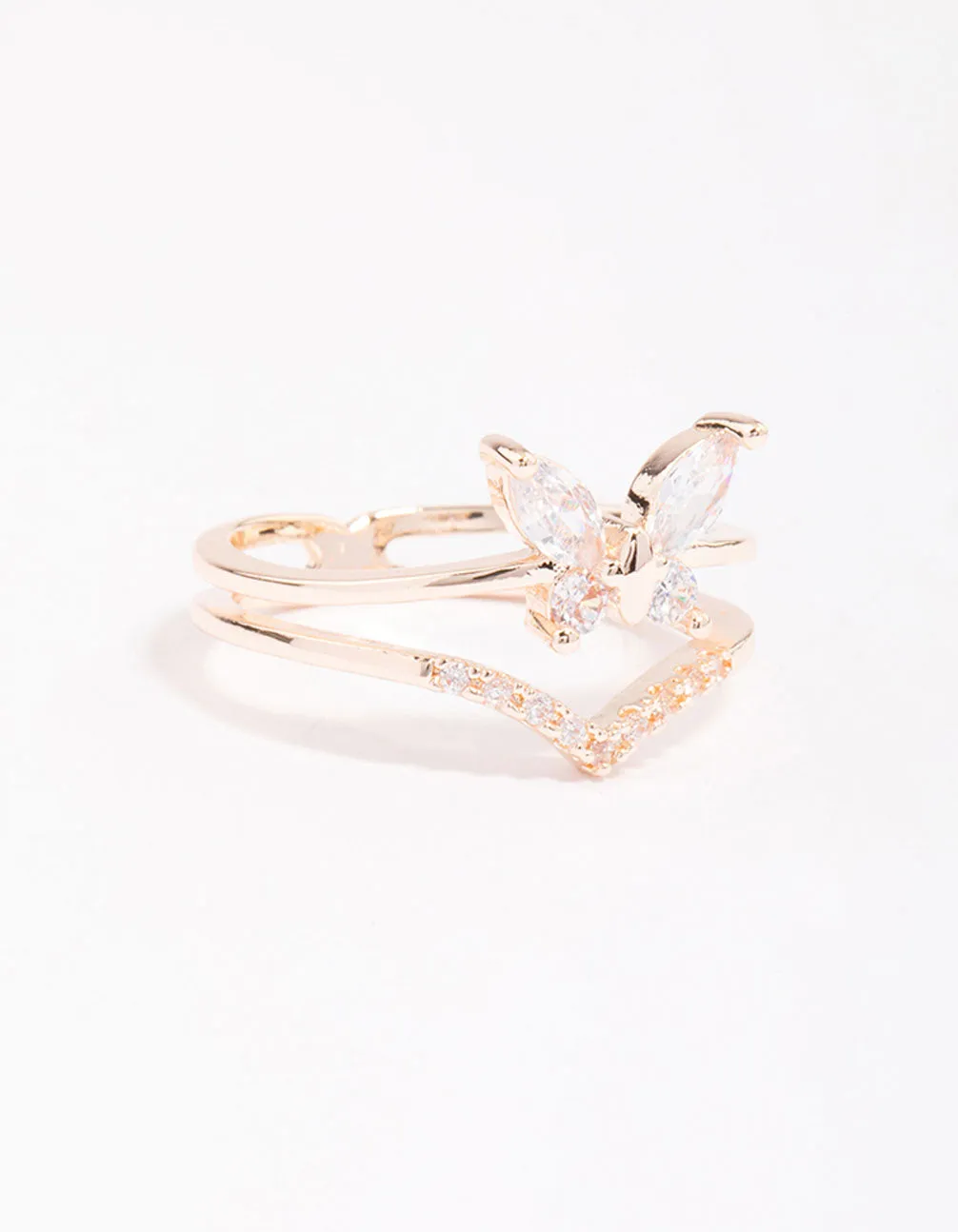 Delicate Ornament Sentimental Decoration Rose Gold Plated Cubic Zirconia Butterfly Double Band Ring