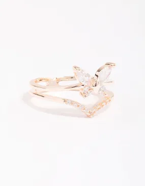 Delicate Ornament Sentimental Decoration Rose Gold Plated Cubic Zirconia Butterfly Double Band Ring