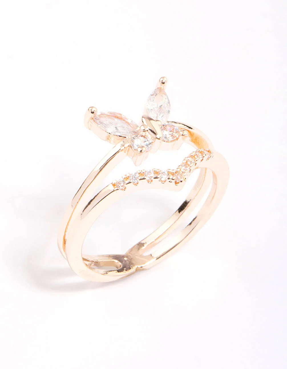 Inspired Style Rose Gold Plated Cubic Zirconia Butterfly Double Band Ring