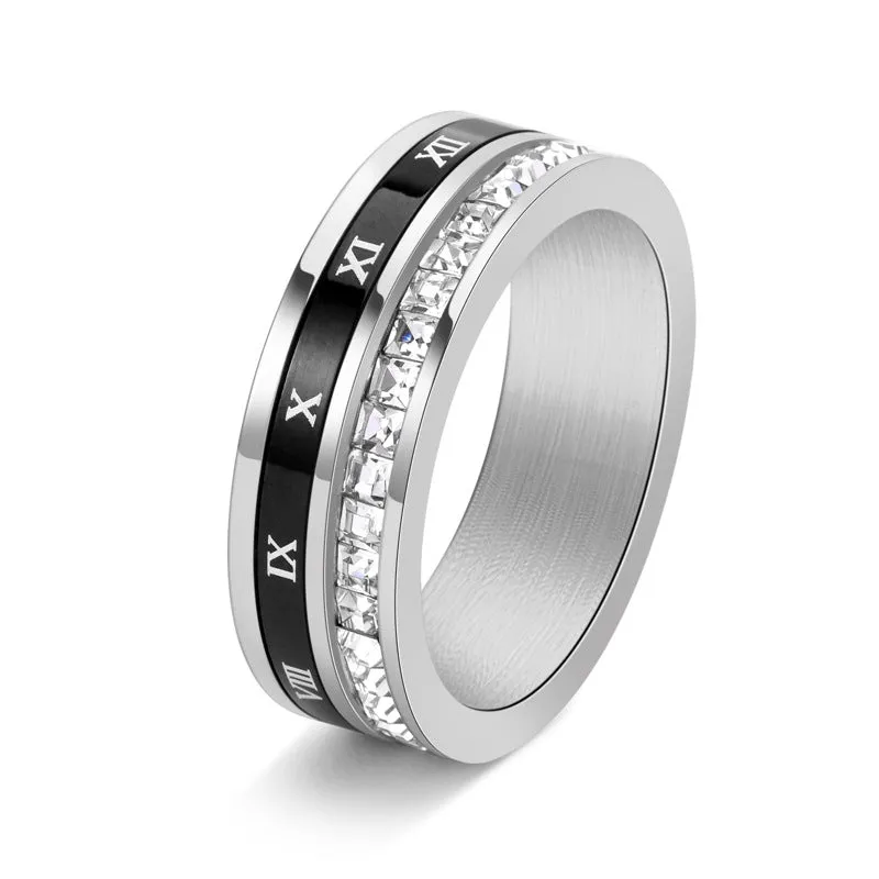 Vintage Pop Warm Accent Rotatable Square Diamond Tungsten Ring with Roman Numerals For Men