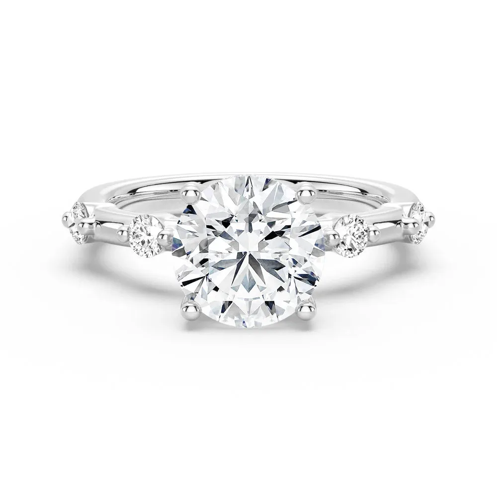 Round Cut Moissanite Ring with Diamond Spaced Band and Hidden Halo Stylish Mark