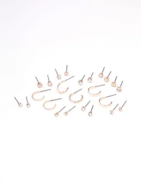 Rose Gold Diamante Stud & Hoop Earring 12-Pack Brilliant Aesthetic