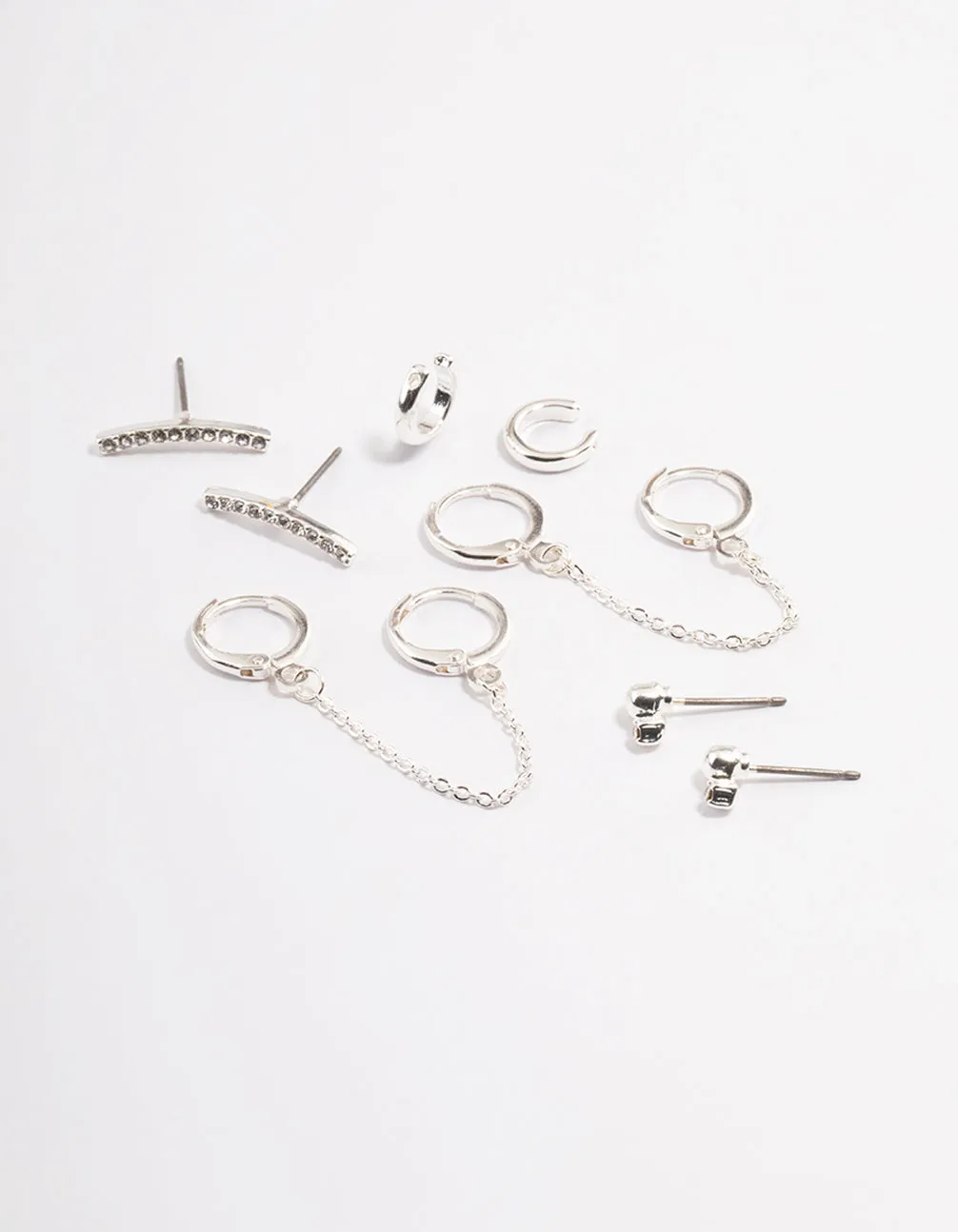 Heart-Shaped Ornament Comfortable Detail Silver Diamante Huggie Chain Earrings 5-Pack