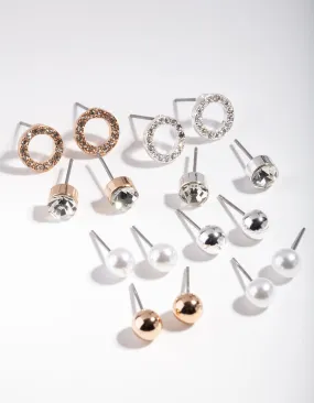 Cute Piece Mixed Metal Circle Pearl Diamante Earring 8-Pack