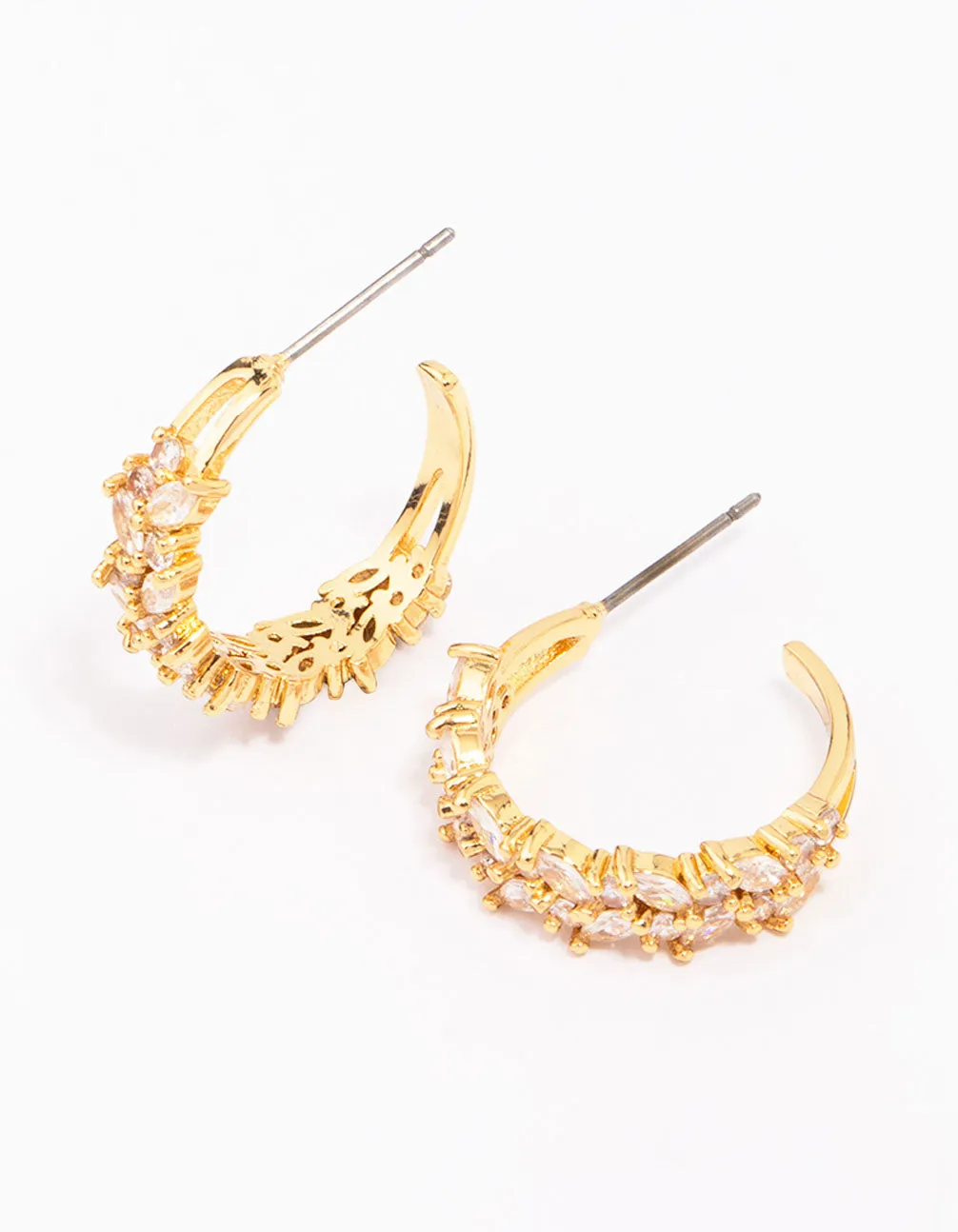 Gold Plated Marquise Cubic Zirconia Herringbone Hoop Earrings Shiny Creation