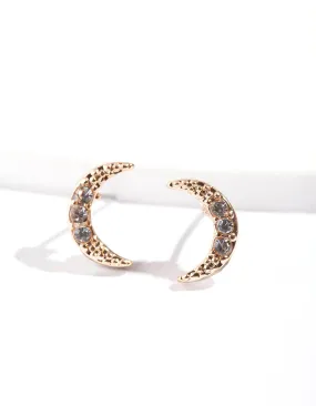 Safe Accent Gold Pave Diamante Crescent Moon Stud Earrings