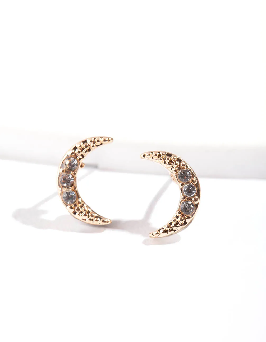 Safe Accent Gold Pave Diamante Crescent Moon Stud Earrings