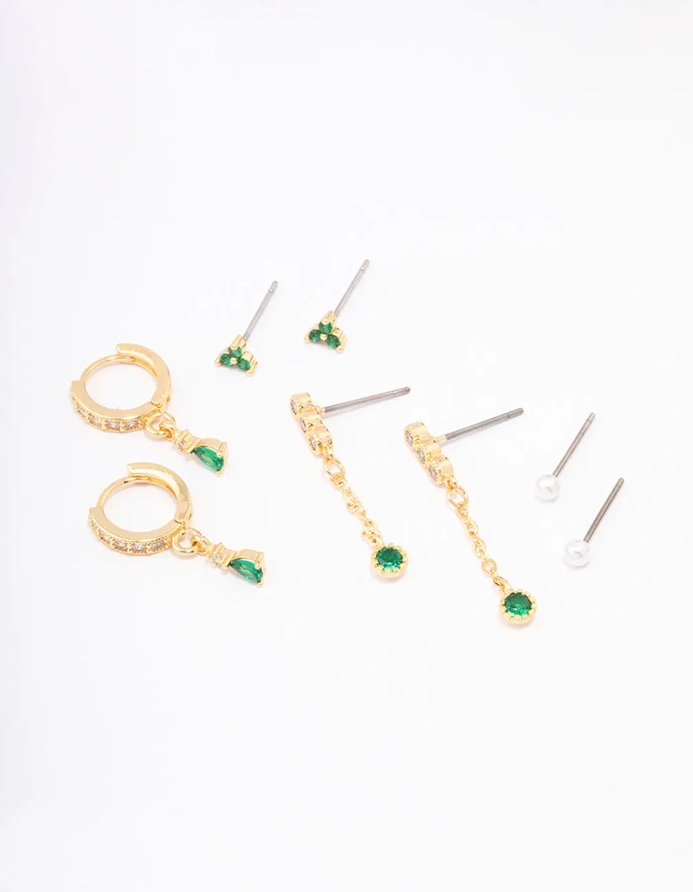 Gold Plated Cubic Zirconia Dainty Pearl Earrings 4-Pack Trendy Design