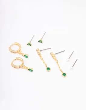 Straight Piece Trendy Adornment Gold Plated Cubic Zirconia Dainty Pearl Earrings 4-Pack