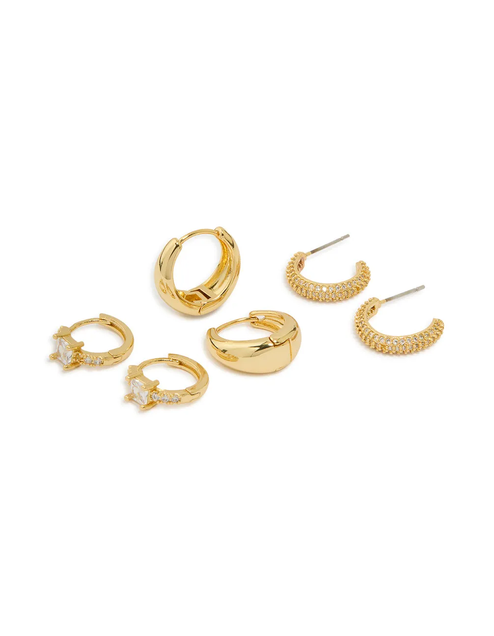 Vintage design Gold Plated Brass Cubic Zirconia Huggie Earrings 3-Pack