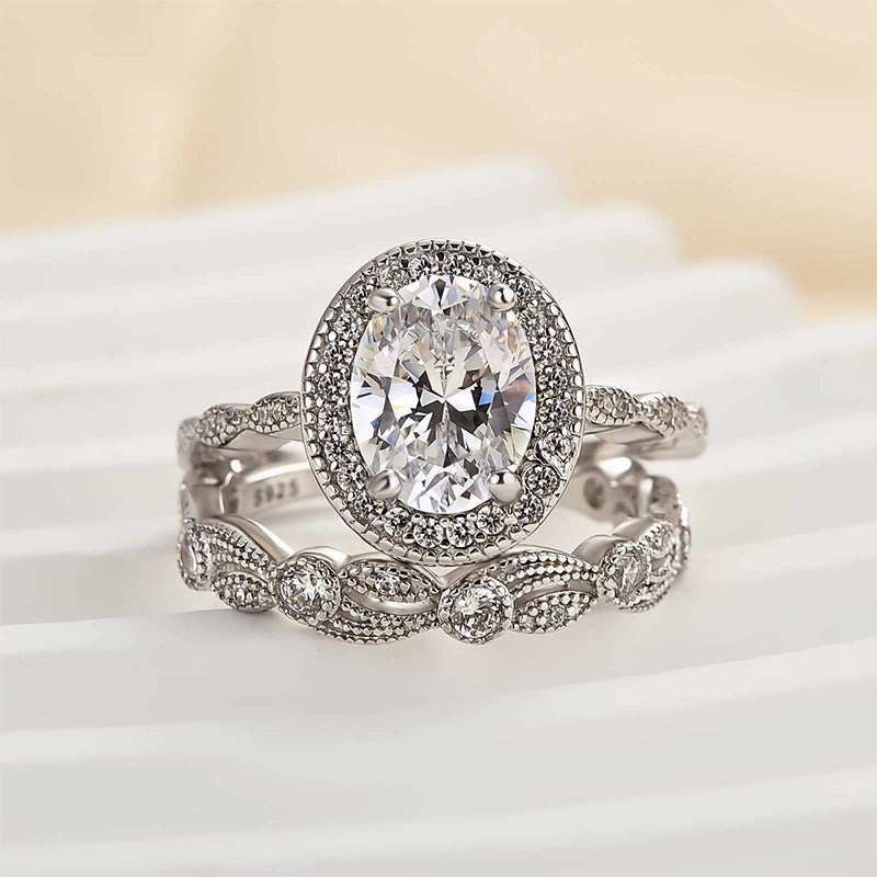 Louily Vintage Leaf & Vine Art Deco Halo Oval Cut Ring Set Daily Style Understated Elegance