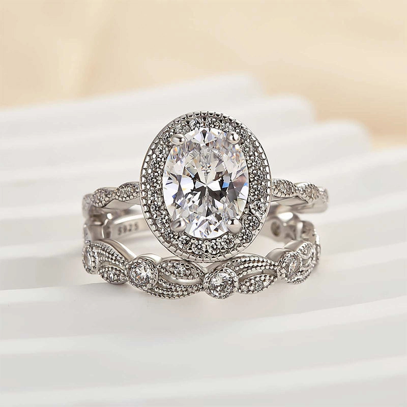 Pure Form Louily Vintage Leaf & Vine Art Deco Halo Oval Cut Ring Set