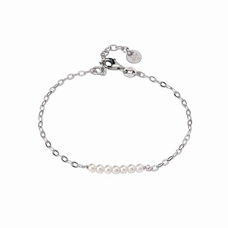 Sterling Silver Flat Cable Chain Bracelet wtih 3mm Pearl Bar Artistic Highlight Dynamic Feature
