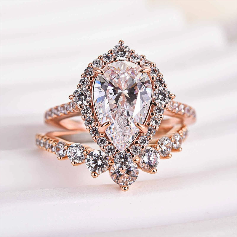 party look Luxury feature Louily Elegant Rose Gold 2.2 Carat Halo Pear Cut Bridal Ring Set In Sterling Silver