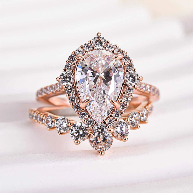 Accent Style Fashion Finish Louily Elegant Rose Gold 2.2 Carat Halo Pear Cut Bridal Ring Set In Sterling Silver