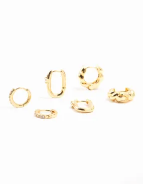 Gold Plated Brass Rope & Pave Cubic Zirconia Hoop Earrings 3-Pack Iridescent Jewelry