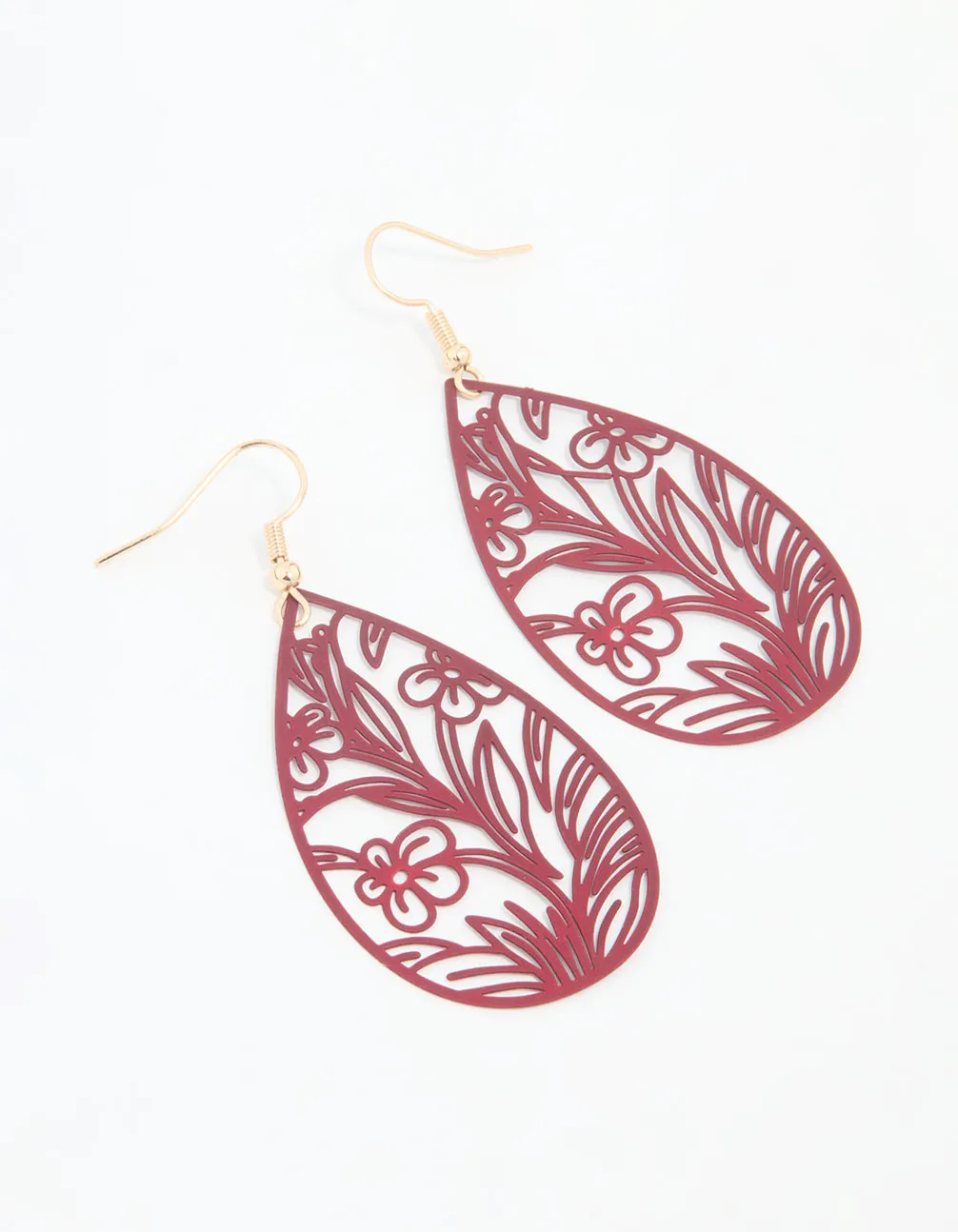Red Filigree Flower Border Drop Earrings Radiant Appearance Small Adornment